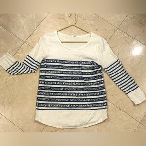 J Crew white with navy and sparkle three-quarter sleeve T-shirt